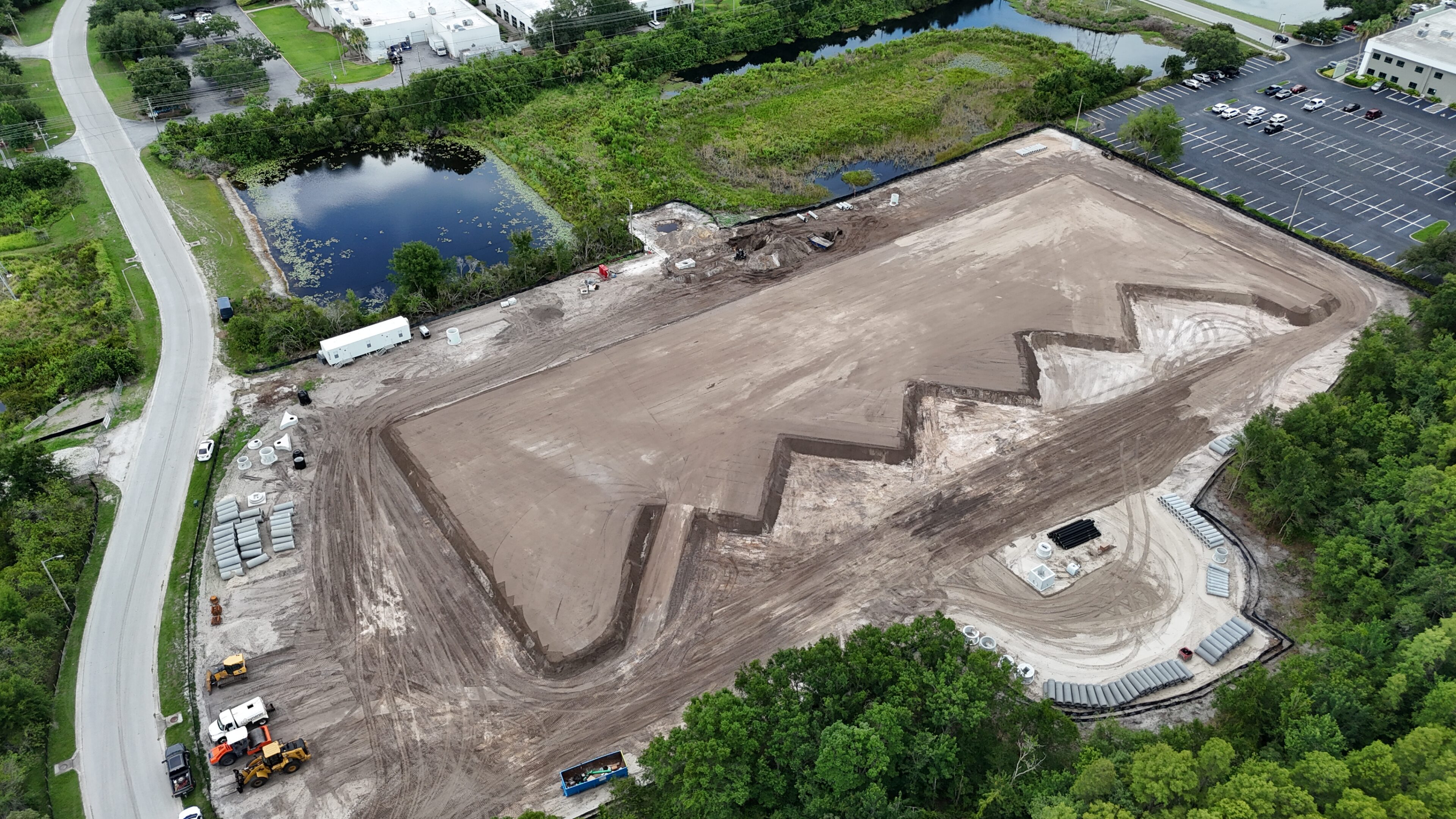 Aerial view of construction site with zigzag foundation